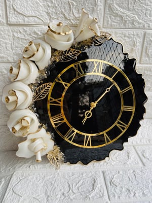 MIDNIGHT ELEGANCE:Luxury Resin Wall Clock with Gold 3d Flowers